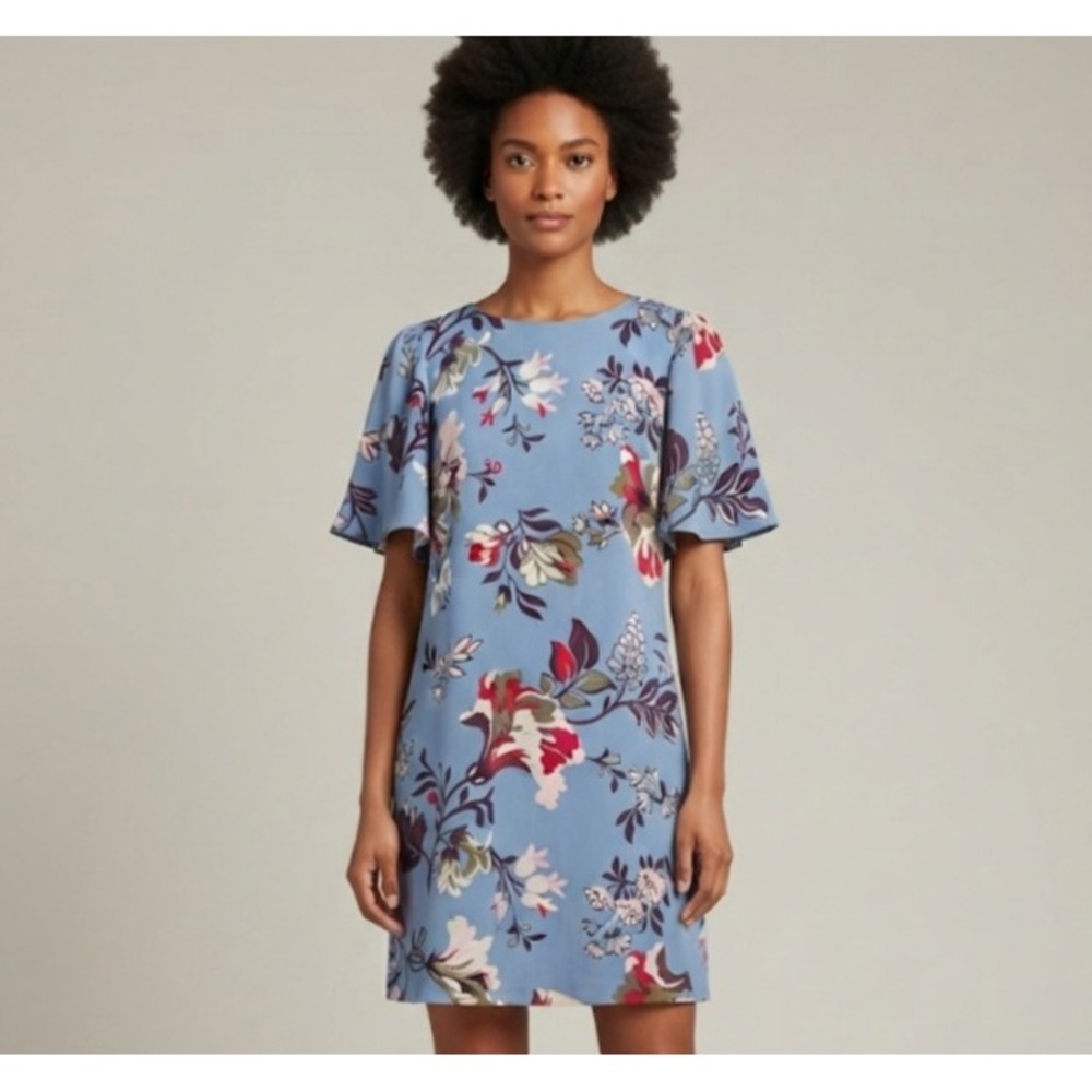 Ann Taylor Blue Floral Flutter Sleeve Shift Dress Size 8 Short Sleeve Mini